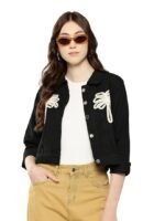 Women Casual Wear Black Color Embroidery Denim Jacket(Black)