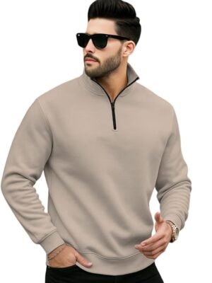 Men's Half Zipper Sweatshirt Fleece Material Collared Winter Wear Loose Fit Warm Pullover Jacket Casual Outerwear