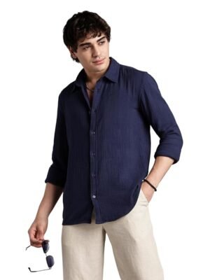Men's 100% Cotton Solid Color Shirt - Full Sleeves | Casual Shirts for Men | Shirts for Office | Comfortable & Soft(Navy)