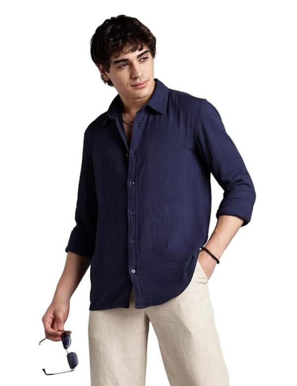 Men's 100% Cotton Solid Color Shirt - Full Sleeves | Casual Shirts for Men | Shirts for Office | Comfortable & Soft(Navy)