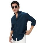 Men's Cotton Full Sleeve Regular Fit Textured Shirt with Spread Collar(Blue)
