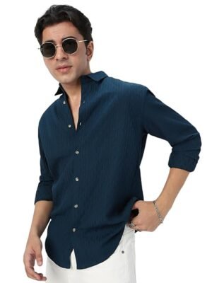 Men's Cotton Full Sleeve Regular Fit Textured Shirt with Spread Collar(Blue)