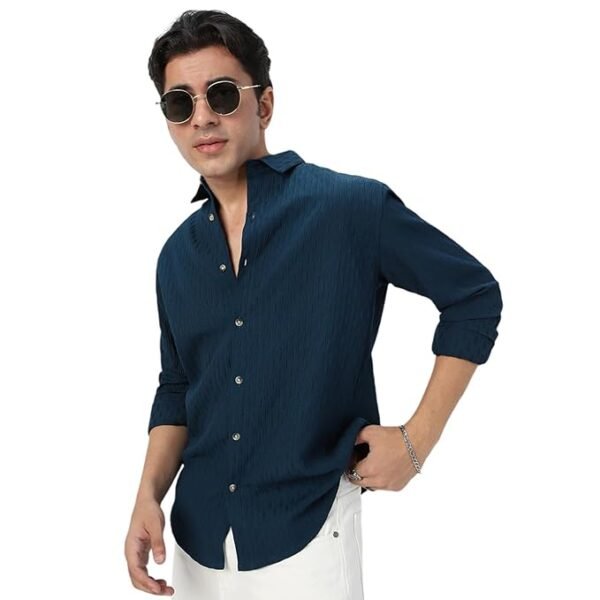 Men's Cotton Full Sleeve Regular Fit Textured Shirt with Spread Collar(Blue)