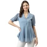 Women's Georgette Solid Flared Western Regular Fit Top |Western Top| Top for Women(Blue)