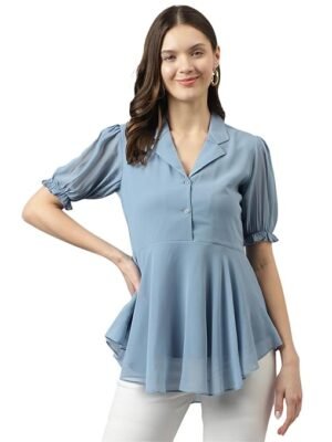 Women's Georgette Solid Flared Western Regular Fit Top |Western Top| Top for Women(Blue)
