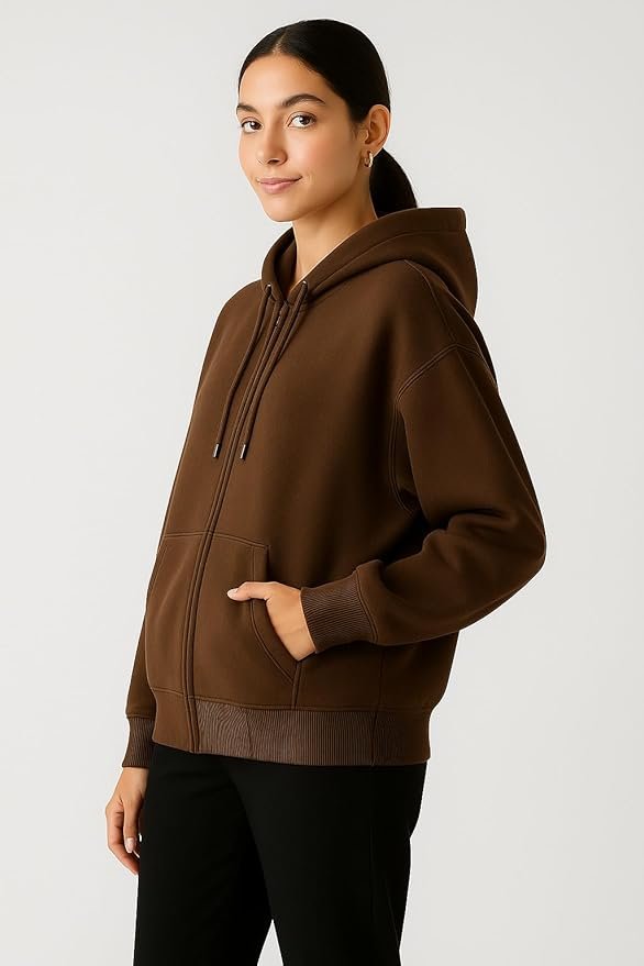 Women's Oversized Winter Jacket Sweatshirts Casual Drawstring Clothes Zip Up Hoodie with Front Pocket(Brown)