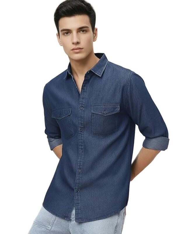 Men's Full Sleeve Regular Fit Casual Denim Shirt(Dark Blue)
