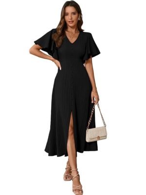 Women's Pleated Midi Dress with Flutter Sleeves | V-Neck Western Dress for Women | Elegant A-Line Summer Outfit(Black)