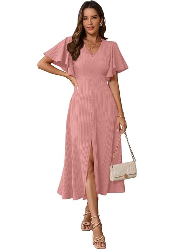 Women's Pleated Midi Dress with Flutter Sleeves | V-Neck Western Dress for Women | Elegant A-Line Summer Outfit( Peach)