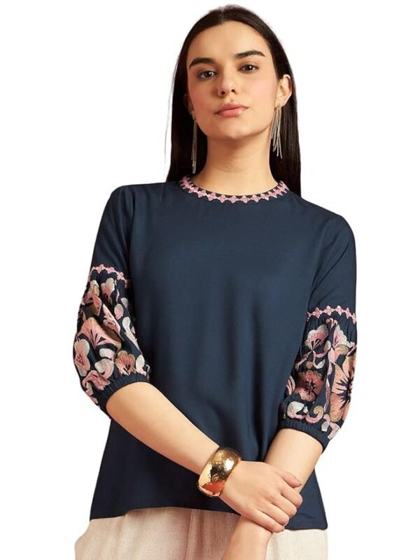 Blue Women's Rayon Floral Regular Fit Top