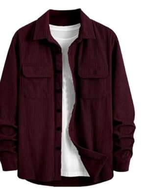 Men's Full Sleeve Corduroy Striped Casual Jacket, Ideal for Stylish Everyday Outfits(Wine)