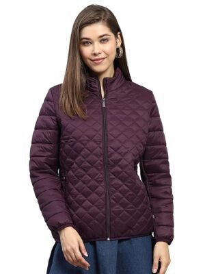 Women's Nylon Blend Regular Self Design Mock Neck Full Sleeve Jacket