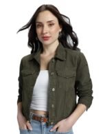 Women's Overdyed Trucker Denim Jacket - Jacket for Women | 100% Cotton | Double Flap Pocket | Regular Fit(Olive Pop)