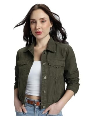 Women's Overdyed Trucker Denim Jacket - Jacket for Women | 100% Cotton | Double Flap Pocket | Regular Fit(Olive Pop)