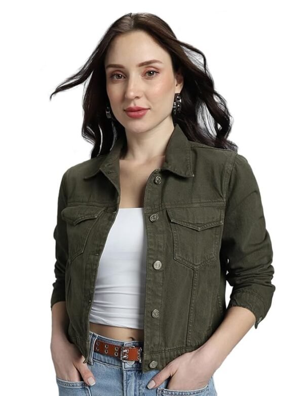 Women's Overdyed Trucker Denim Jacket - Jacket for Women | 100% Cotton | Double Flap Pocket | Regular Fit(Olive Pop)