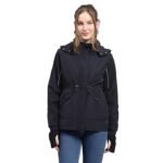 Women Navy Blue Solid Black Detachable Hood Full Sleeve Jacket