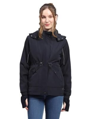 Women Navy Blue Solid Black Detachable Hood Full Sleeve Jacket