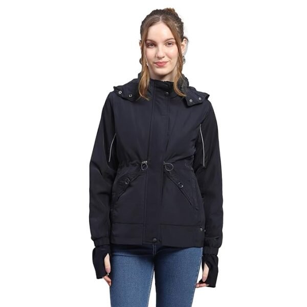 Women Navy Blue Solid Black Detachable Hood Full Sleeve Jacket