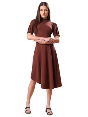 Women’s High-Low Knee Length Dress(Brown)
