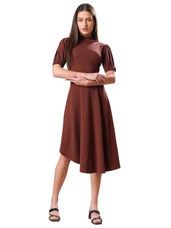 Women’s High-Low Knee Length Dress(Brown)