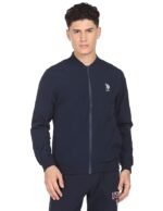 Men's Cotton Navy Solid Stand Collar Bomber Standard Length Jacket