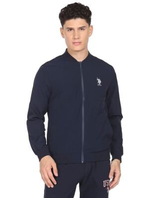 Men's Cotton Navy Solid Stand Collar Bomber Standard Length Jacket