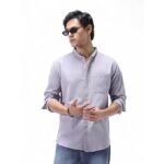 Men's Cotton Full Sleeve Regular Fit Casual Solid Shirt with Band Collar(Lavender)