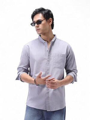Men's Cotton Full Sleeve Regular Fit Casual Solid Shirt with Band Collar(Lavender)