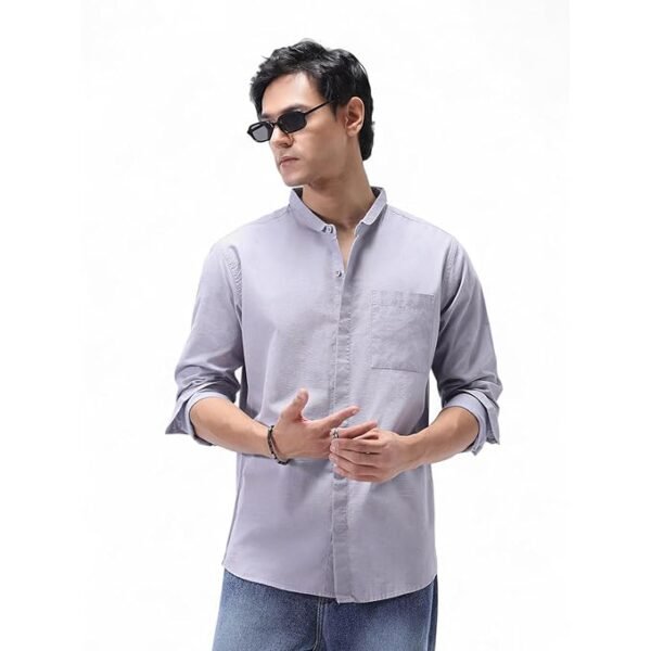 Men's Cotton Full Sleeve Regular Fit Casual Solid Shirt with Band Collar(Lavender)