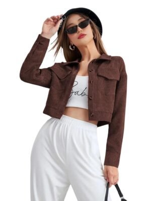Women’s Corduroy Cropped Jacket with Two Pockets| Casual Button Down Korean Style Casual Outerwear(Brown)