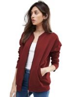 Women's Standard Length Casual Jacket For Loose Fit Drop Shoulder Loop knit  Bomber Jacket With Zipper Closure And Side Pockets( Maroon)