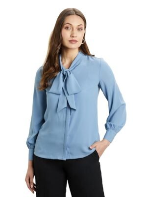 Women's Solid Desk-to-Dinner' Bow Tie Top ( Powder Blue)