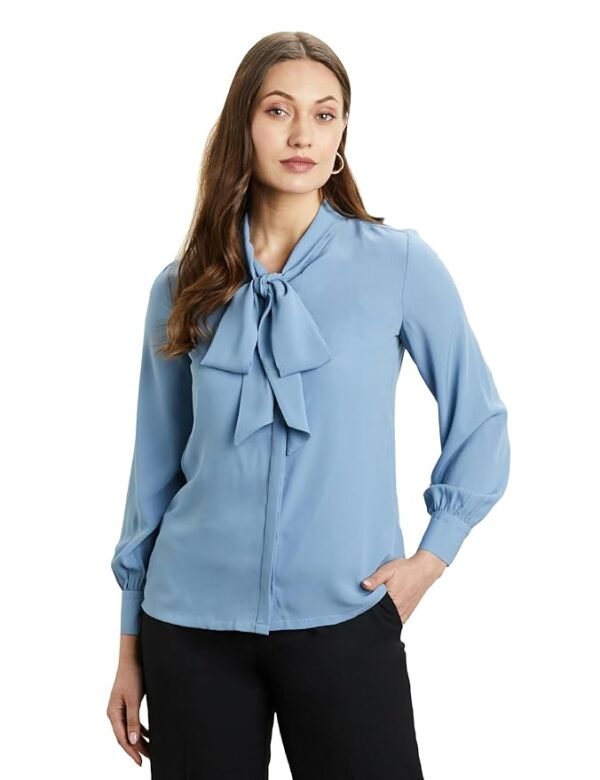 Women's Solid Desk-to-Dinner' Bow Tie Top ( Powder Blue)