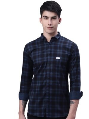 Men Small Checkered Slim Fit Cotton Casual Shirt (Blue)