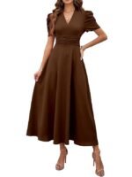 Women's Solid Color V-Neck A-Line Maxi Dress for Women | New Year Party Outfit | Waist Cinched Puff Sleeve Western Dress