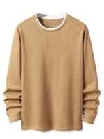 Men’s Casual Long Sleeve Waffle Knit T-Shirt – Soft Breathable Crewneck Top with Layered Hem(Brown)