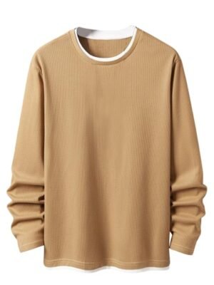 Men’s Casual Long Sleeve Waffle Knit T-Shirt – Soft Breathable Crewneck Top with Layered Hem(Brown)