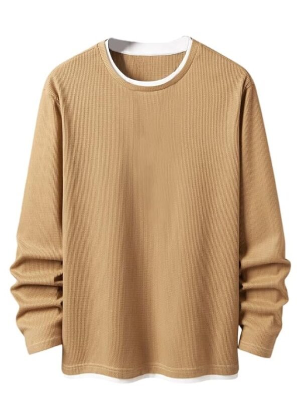 Men’s Casual Long Sleeve Waffle Knit T-Shirt – Soft Breathable Crewneck Top with Layered Hem(Brown)