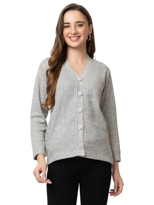 Women's Warm Woolen Cardigan - Stylish Full Sleeve Knitwear (Grey)