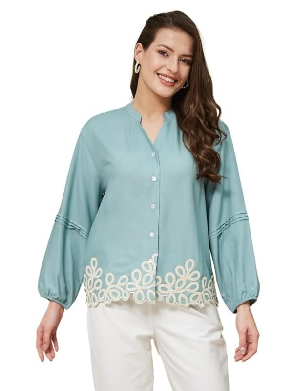 Women's Stylish Embroidered Casual Shirt(Sky Blue)
