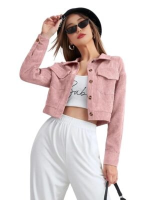 Women’s Corduroy Cropped Jacket with Two Pockets| Casual Button Down Korean Style Casual Outerwear(Peach)
