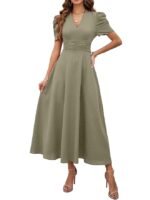 Women's Solid Color V-Neck A-Line Maxi Dress for Women | New Year Party Outfit | Waist Cinched Puff Sleeve Western Dress
