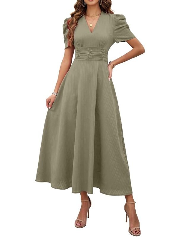 Women's Solid Color V-Neck A-Line Maxi Dress for Women | New Year Party Outfit | Waist Cinched Puff Sleeve Western Dress