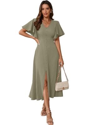 Women's Pleated Midi Dress with Flutter Sleeves | V-Neck Western Dress for Women | Elegant A-Line Summer Outfit( Pista)