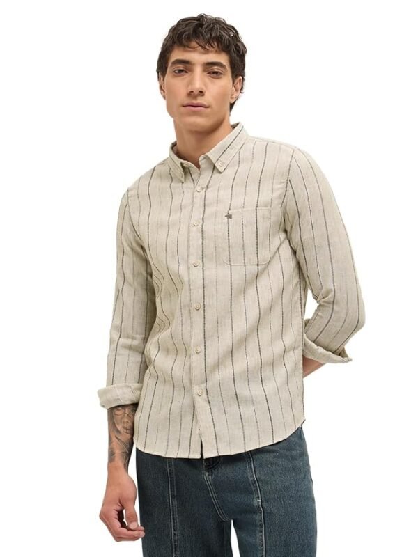 Men's Beige Slim Fit Striped Casual Shirt