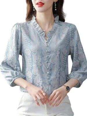 Shirts for Women – Korean Style Long Sleeve Oversized Button Down | Plus Size Workwear Top( Blue)