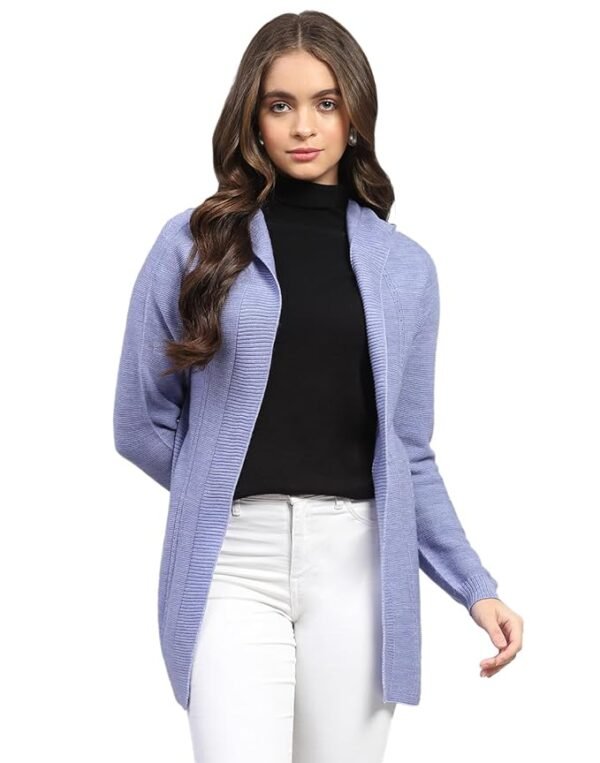 Women Self Design Front Open Wool Blend Cardigan(Blue)