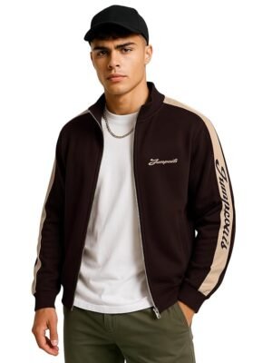 Printed || Sleeve Tape || Polo Neck || Full Sleeve || Fleece Jacket(Brown)