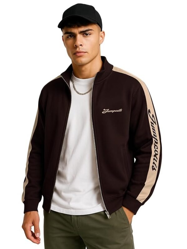 Printed || Sleeve Tape || Polo Neck || Full Sleeve || Fleece Jacket(Brown)