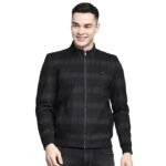 Men Solid Black Mock Neck Full Sleeve Jacket